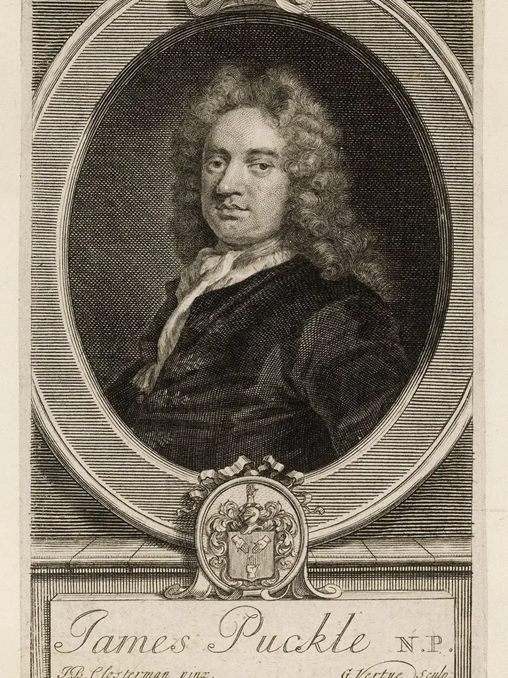 Portret van James Puckle, weelderig krullend haar, donkere jas, ovale lijst, wapenembleem, klassieke gravure.