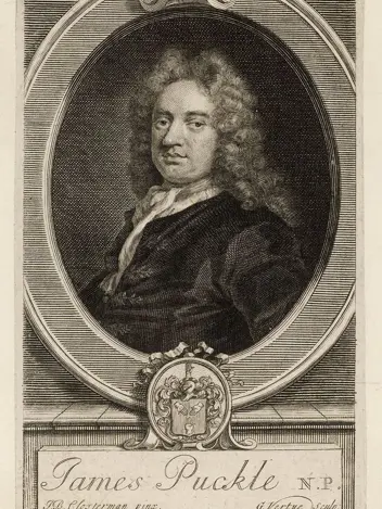 Portret van James Puckle, weelderig krullend haar, donkere jas, ovale lijst, wapenembleem, klassieke gravure.