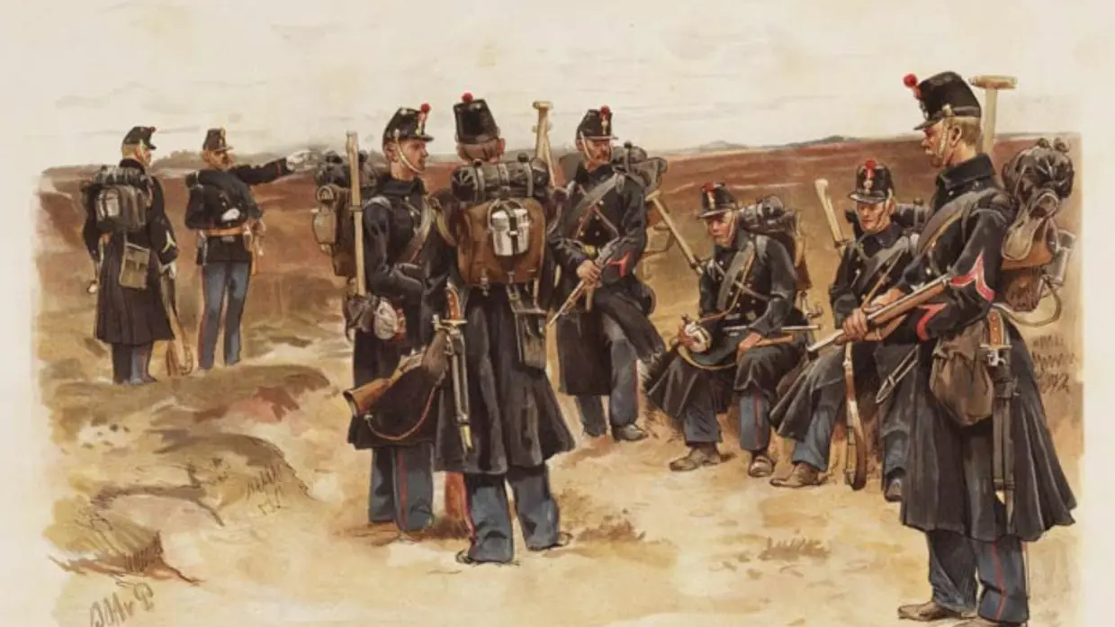 Schilderij ‘Genietroepen, Marschtenue, 1895’, door Jan van Hoynck van Papendrecht.