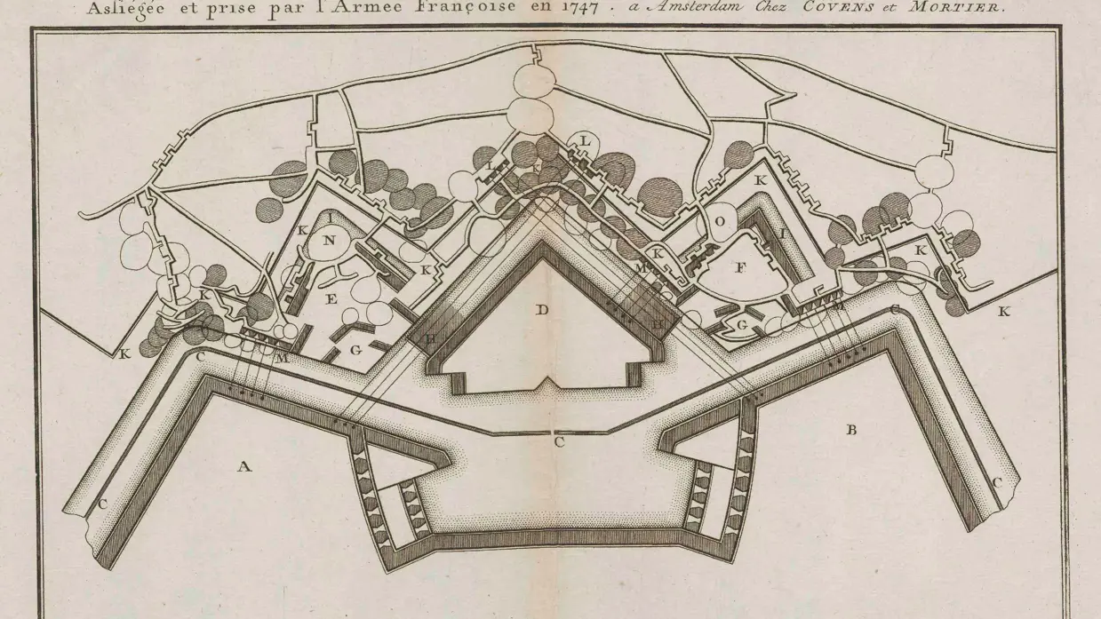 Kaart uit 1747: mijntrechters na het beleg van Bergen op Zoom.