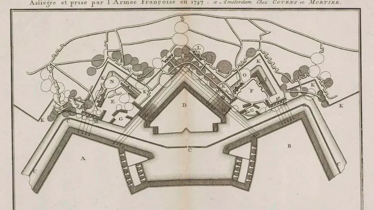 Kaart uit 1747: mijntrechters na het beleg van Bergen op Zoom.