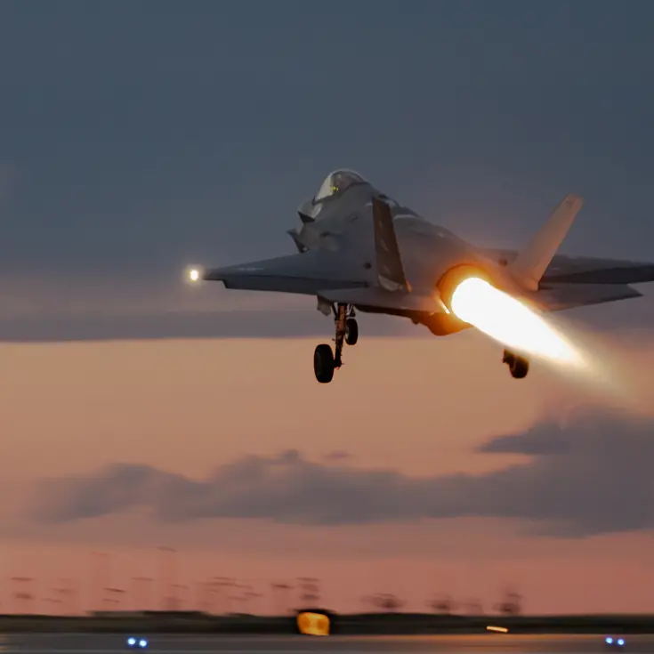 In het donker opstijgende F-35 met zichtbare naverbrander. De lucht is paars-oranje.