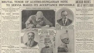 Oude krantenpagina toont portretten en koppen over de Austro-Hongaarse crisis, met een focus op politieke leiders en militaire situaties. 