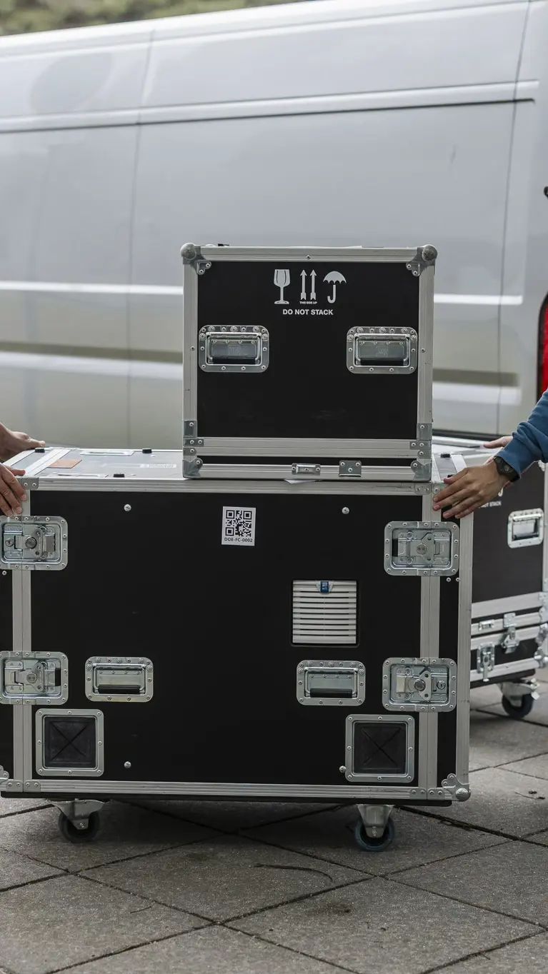 Twee medewerkers rollen flightcases met ICT-apparatuur uit een bestelbus tijdens de opbouw voor Falcon Leap.