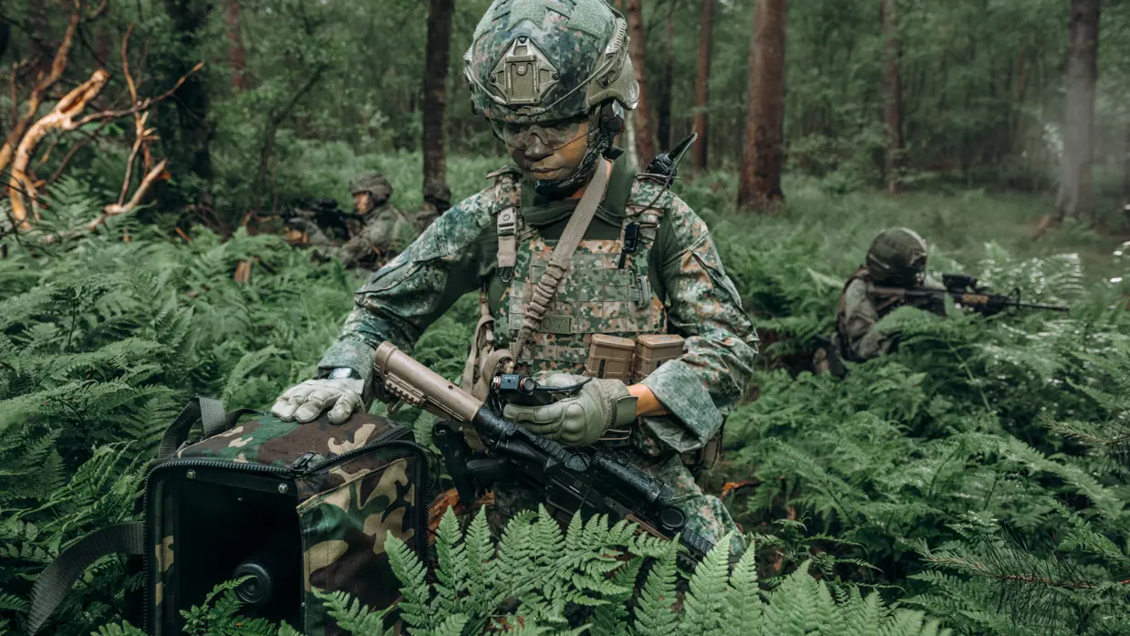 Gecamoufleerde militairen in een bos.