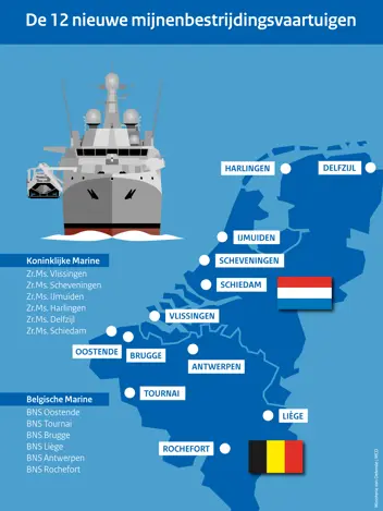 Een landkaart van België en Nederland waarop twaalf steden gemarkeerd zijn. Dit zijn tevens de namen van de nieuwe mijnenbestrijdingsvaartuigen.