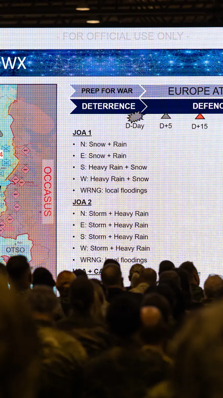Een militaire presentatie met een groot scherm. Op het scherm staat een weerkaart van Europa met tekst over "Europa in oorlog" en weeromstandigheden. Een groep mensen kijkt toe.