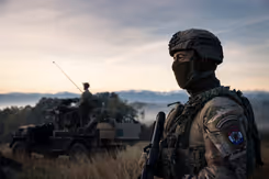 Militair met gezichtsbedekking op de uitkijk naast militair voertuig in natuurgebied.