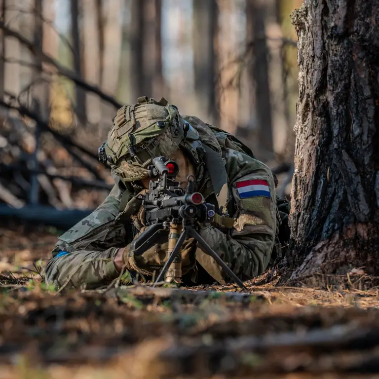 Militair met wapen ligt naast boom.