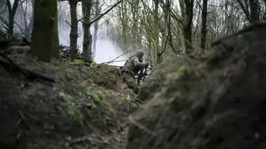 Militair in het bos bezig met een oefening