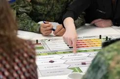 Een bordspel met paarse steentjes erop en een hand die wijst e meer handen van deelnemers.
