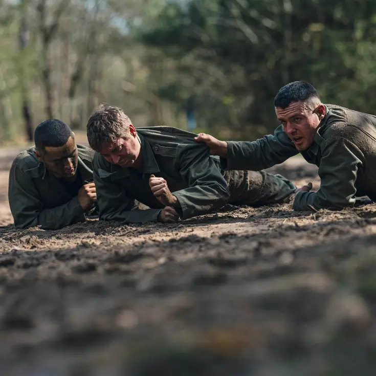 Een cadet liggend op de grond wordt vastgepakt en begeleid door 2 collega’s.