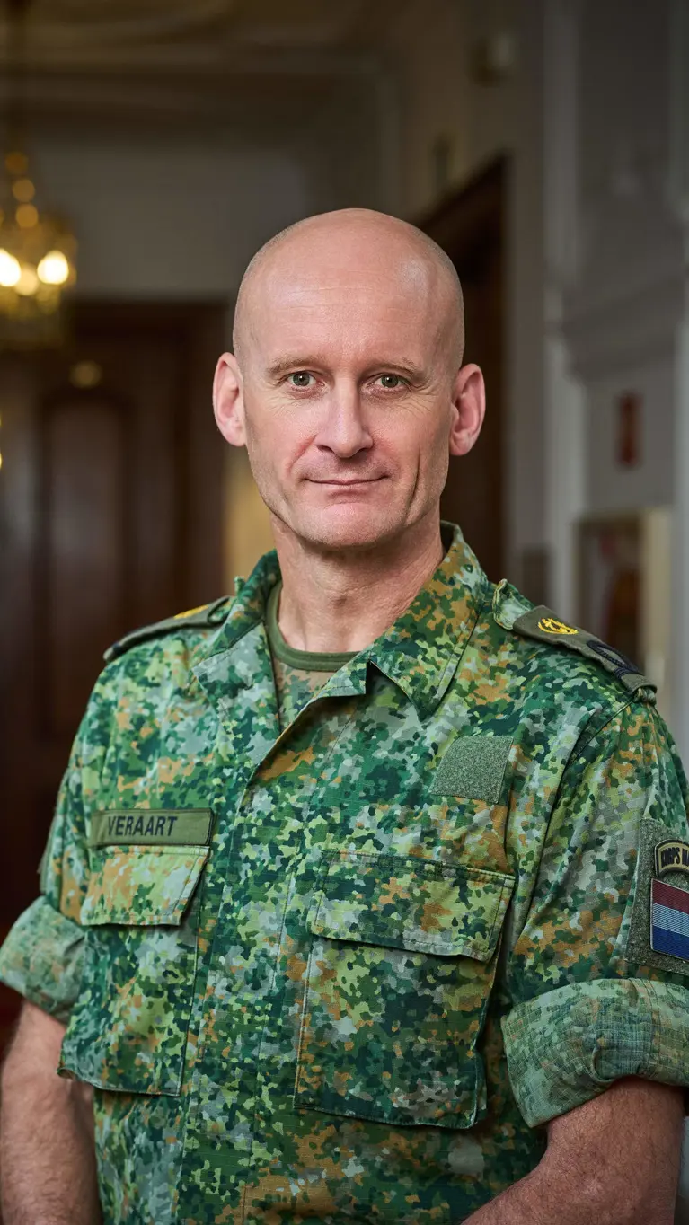 Militair in uniform staat in statige gang ministerie.