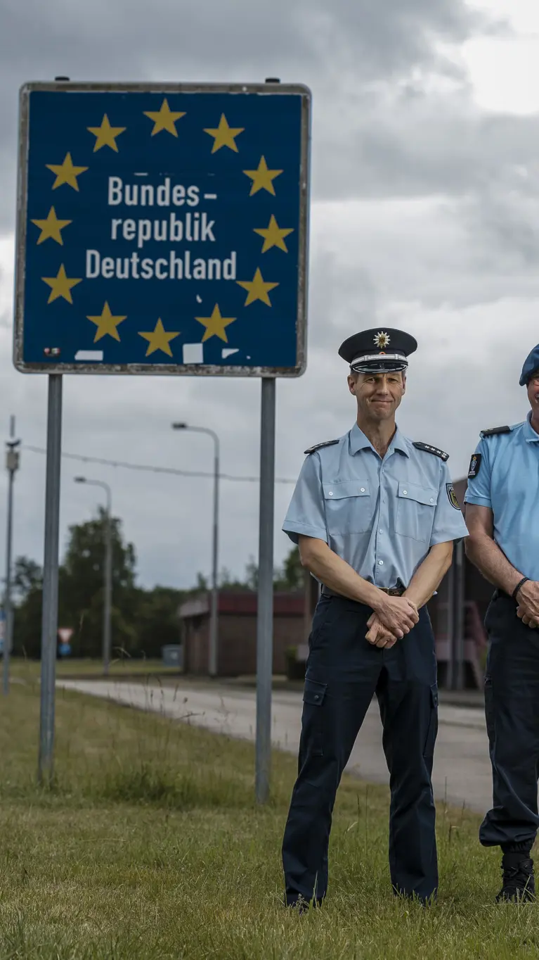 Eerste luitenant Herman en zijn Duitse evenknie voor een grensbord langs de snelweg. 