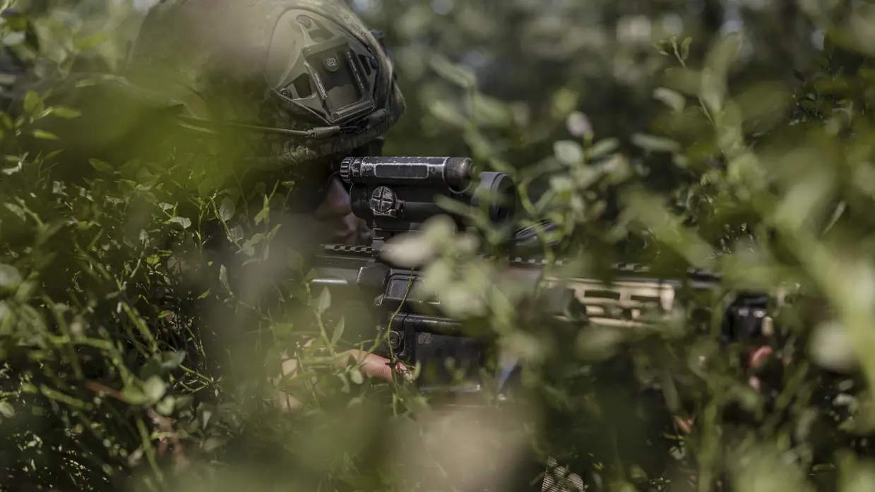 Een soldaat met helm en geweer ligt verborgen in groen struikgewas, gericht op een doel, omringd door bladeren.