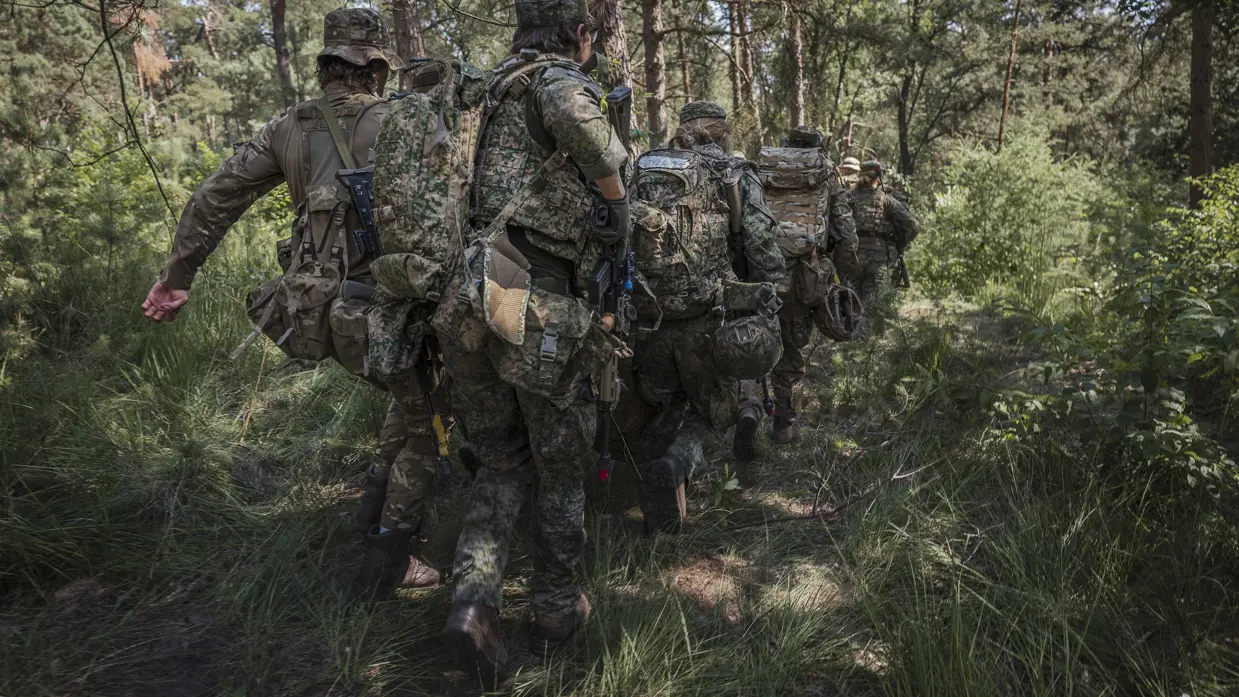 Een groep militairen op de rug gezien loopt door een bos met een draagbaar.