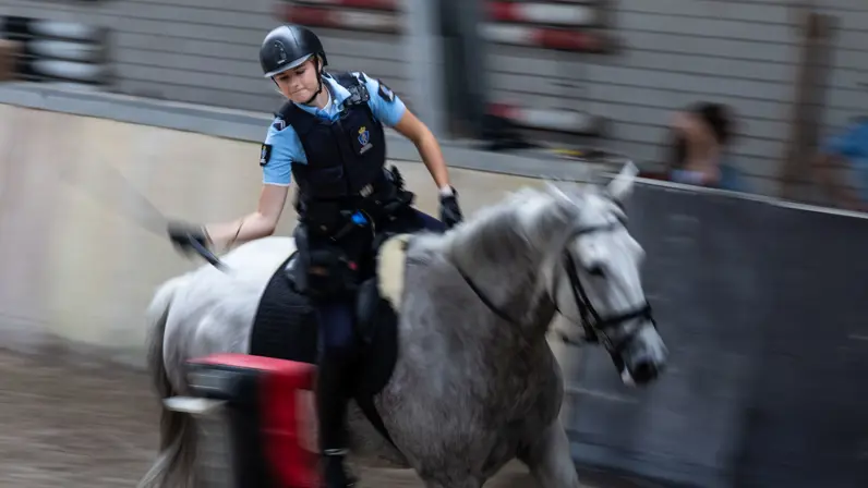 Een vrouw op een wit paard slaat op een staander met een kussen erop. De combinatie beweegt snel. 