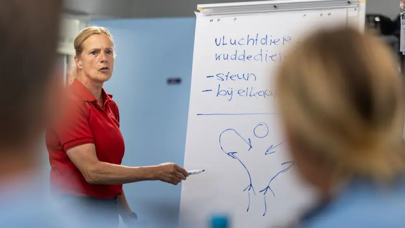 Een vrouw staat voor een whiteboard en wijst met een stift naar de tekening die ze maakte op het witte blad. 