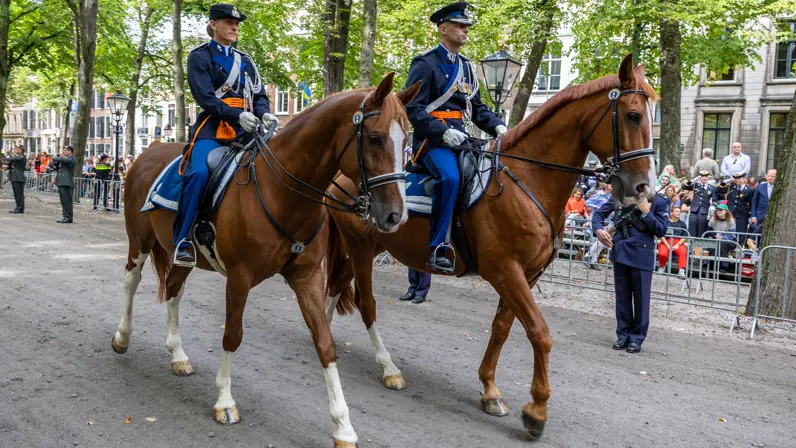 Costongs te paard door de binnenstad tijdens Prinsjesdag.