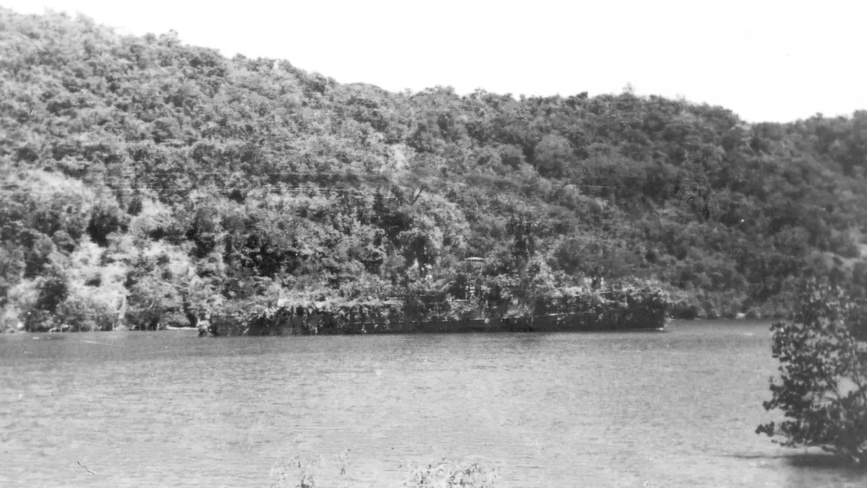 Een rustig breed wateroppervlak met aan de overkant een dicht, heuvelachtig bos met de contouren van een schip. De bomen vormen een dichte, natuurlijke muur langs de oever.