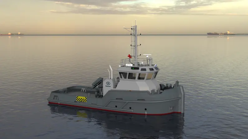 Animatie van marine sleepboot in stil water. 