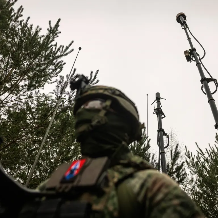 Een militair in het bos die een stabiel netwerk opzet
