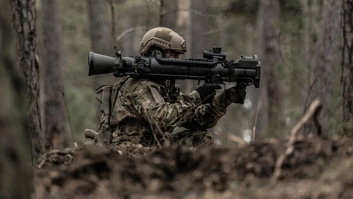 Een militair zit in een bosrijke omgeving met het antitankwapen Carl Gustaf M4 op zijn schouder. 