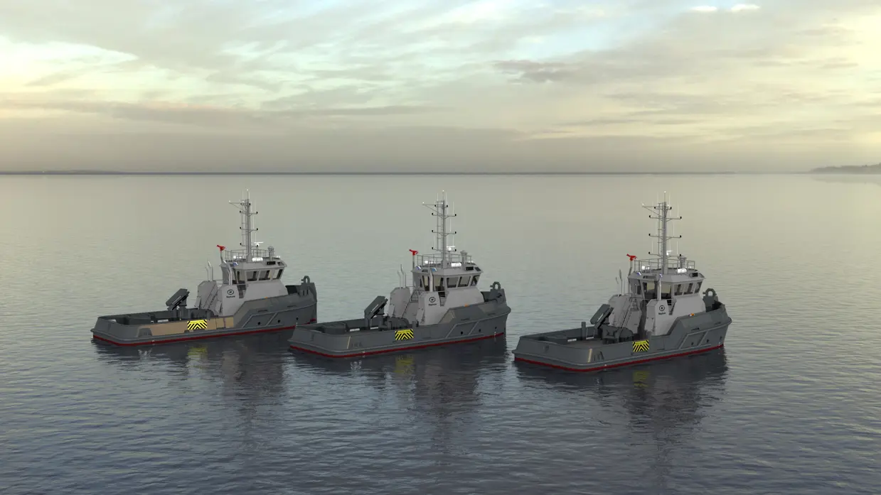 Animatie van achterkant 3 marine sleepboten op een rij in stil water. 