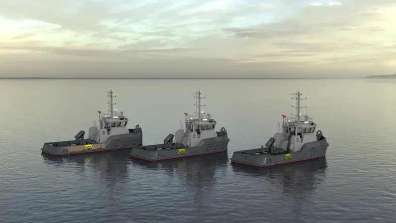 Animatie van achterkant 3 marine sleepboten op een rij in stil water. 