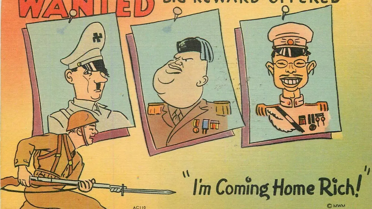 Wanted-poster met drie portretten van mannen in uniform. Soldaat met bajonet loopt weg. Tekst: "I'm Coming Home Rich!". 