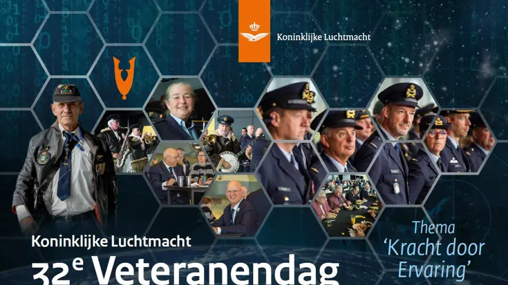 De aankondigingsafbeelding van de Veteranendag Koninklijke Luchtmacht. Een blauwe achtergrond met daarop honingraat-afbeeldingen met daarin foto’s van luchtmachtmilitairen en veteranen.