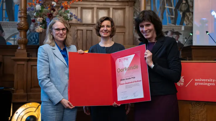 Elanor Boekholt-O’Sullivan houdt samen met twee andere dames een grote rode opengeklapte map vast met daarin de oorkonde met haar naam en de tekst ‘Aletta Jacobs Prijs’. Rechts achter hen de tekst ‘University Groningen’.