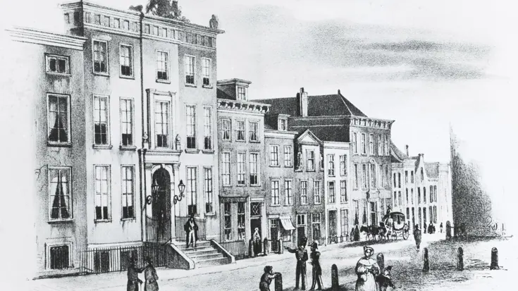 Lithogravure van het Ministerie van Oorlog aan het Plein in Den Haag (1848/1849).