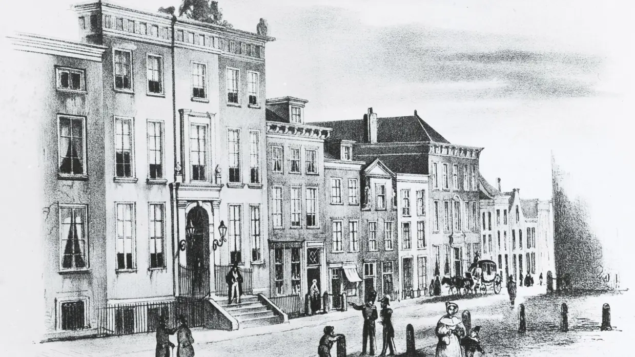 Lithogravure van het Ministerie van Oorlog aan het Plein in Den Haag (1848/1849).