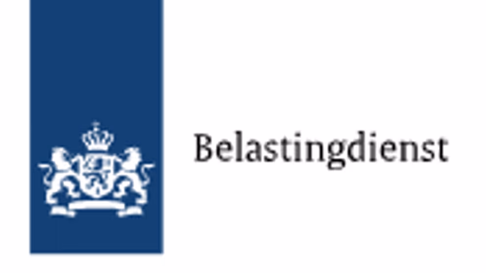 Logo van Belastingdienst waarbij 2 rechtopstaande leeuwen in een blauw vlak een schild vasthouden.