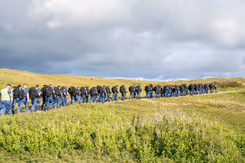Archieffoto van dienjaarmilitairen die door natuurgebied lopen.
