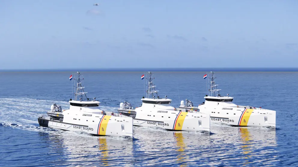Artist impressie van 3 nieuwe schepen voor de kustwacht.