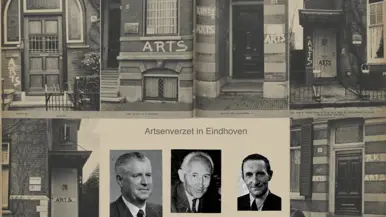 Zwart-wit foto van een muur met "arts" in grote letters en een bordje met spreekuren.