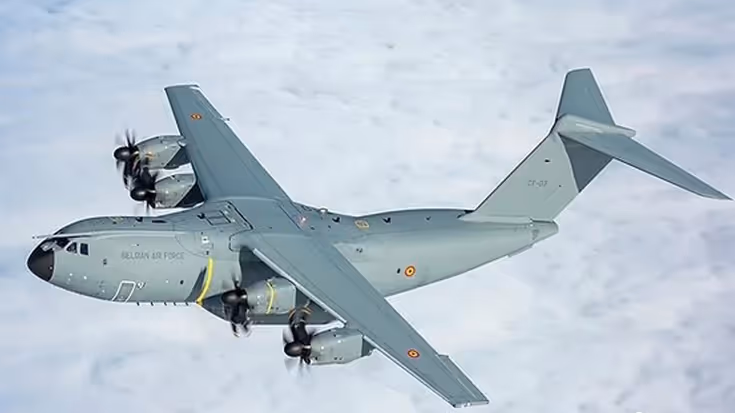 Belgisch A400m transportvliegtuig in de lucht. 