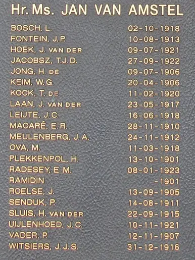 Links portret van LTZ 2 Hendrik de Jong, rechts een metalen plaquette met in gegraveerde letters namen, data en militaire rangen van gesneuvelde militairen, met bovenaan Hr. Ms. Jan van Amstel 08-03-1942. 