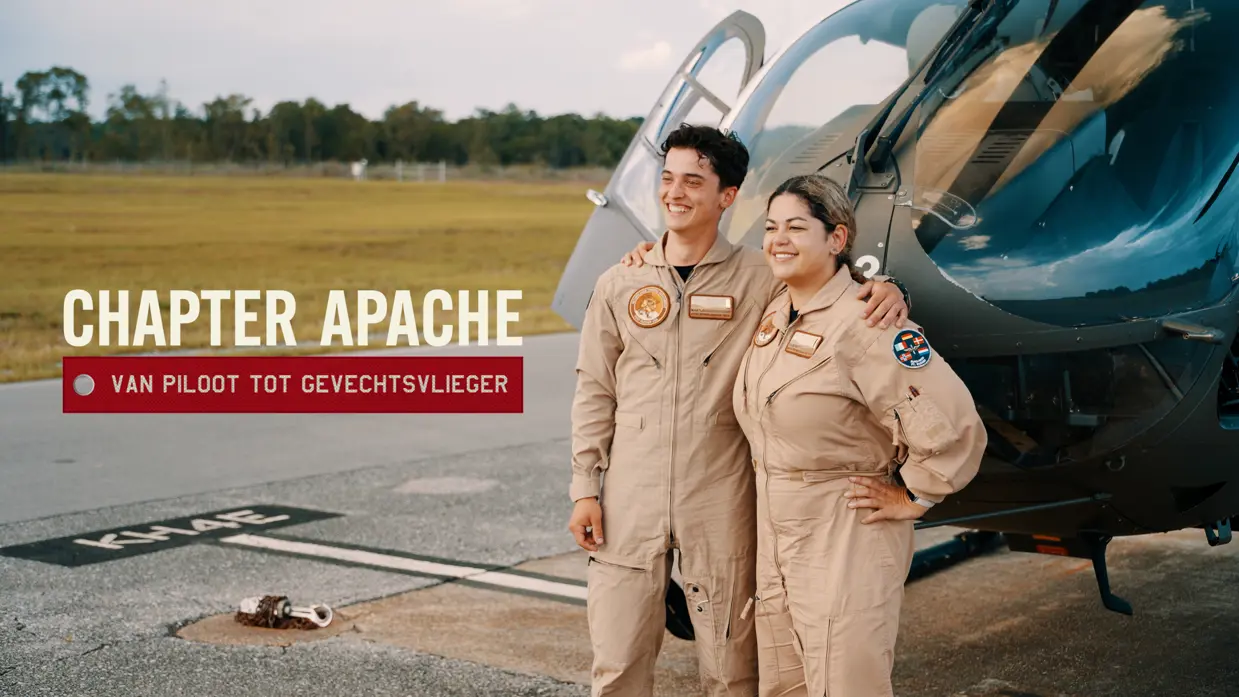 Foto van de twee vliegers voor een helikopter. Op de foto staat de tekst: Chapter Apache – van piloot tot gevechtsvlieger.
