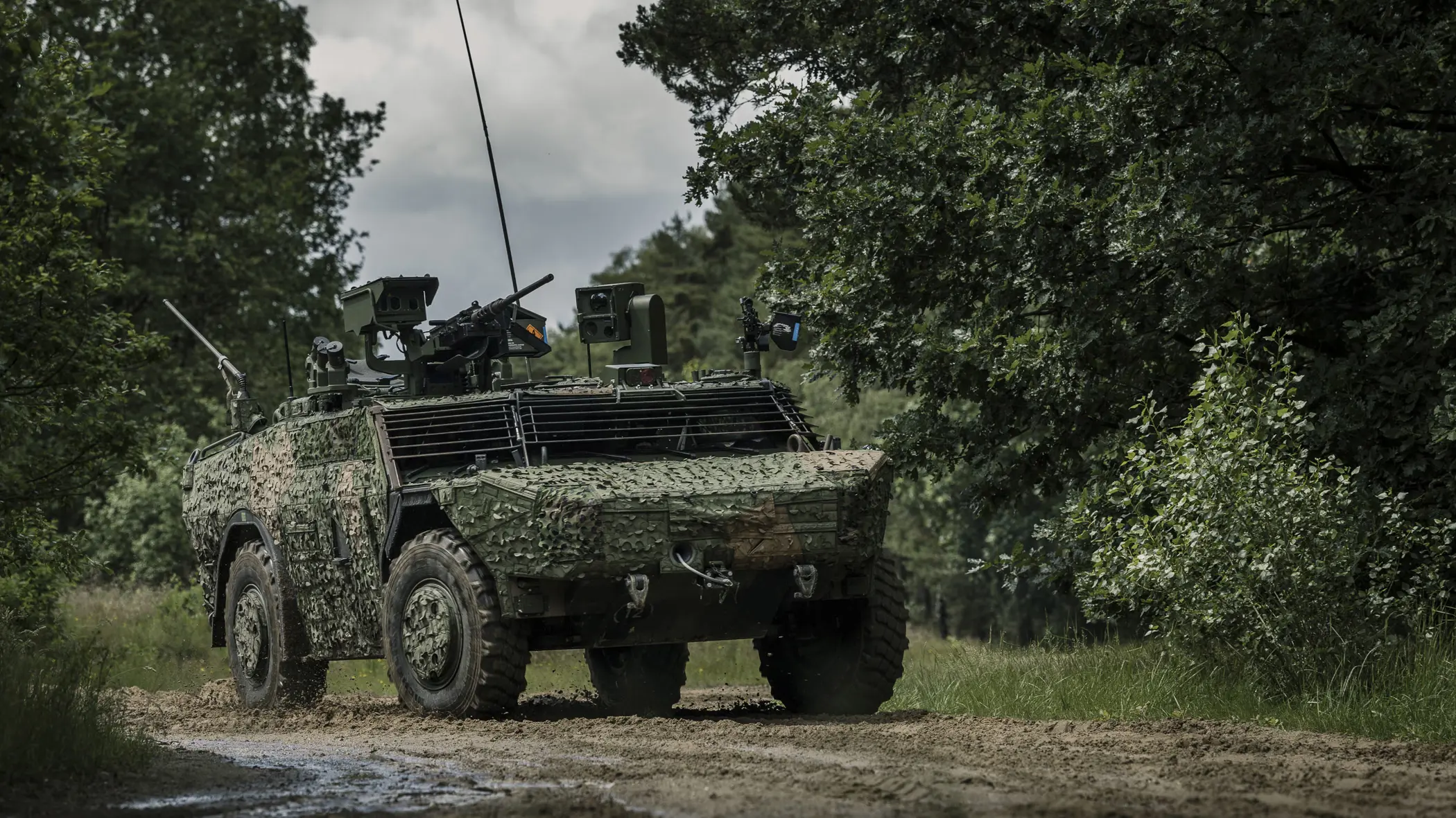 Een Fennek-voertuig met een camouflagenet rijdt door een beboste omgeving.