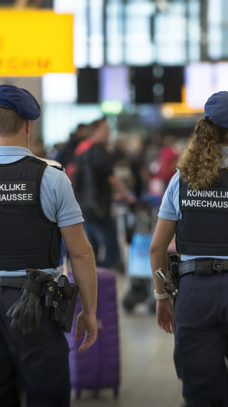 Twee marechaussees tussen het publiek op Schipol, op de rug gezien.