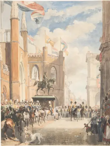 Tekening: grenadiers defileren voor Koning Willem II tijdens de onthulling van het ruiterstandbeeld van prins Willem I.
