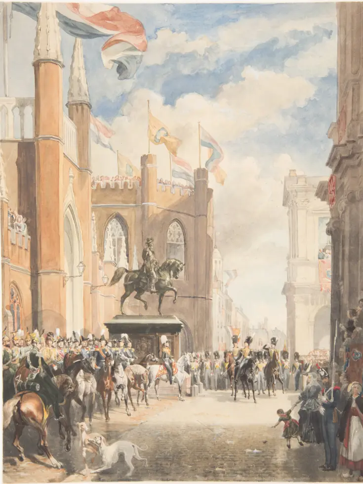 Tekening: grenadiers defileren voor Koning Willem II tijdens de onthulling van het ruiterstandbeeld van prins Willem I.