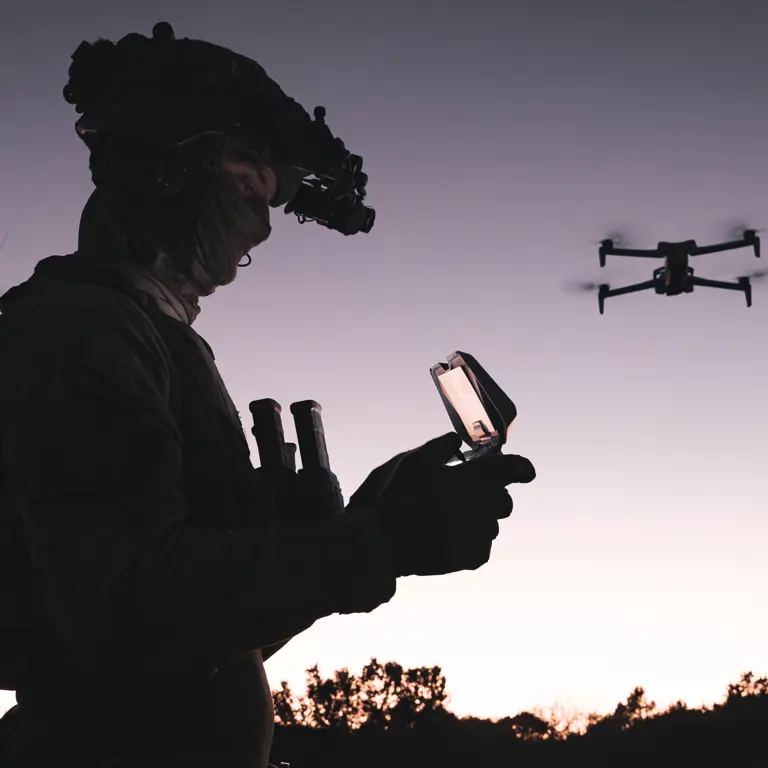 Militair bestuurt drone bij zonsondergang