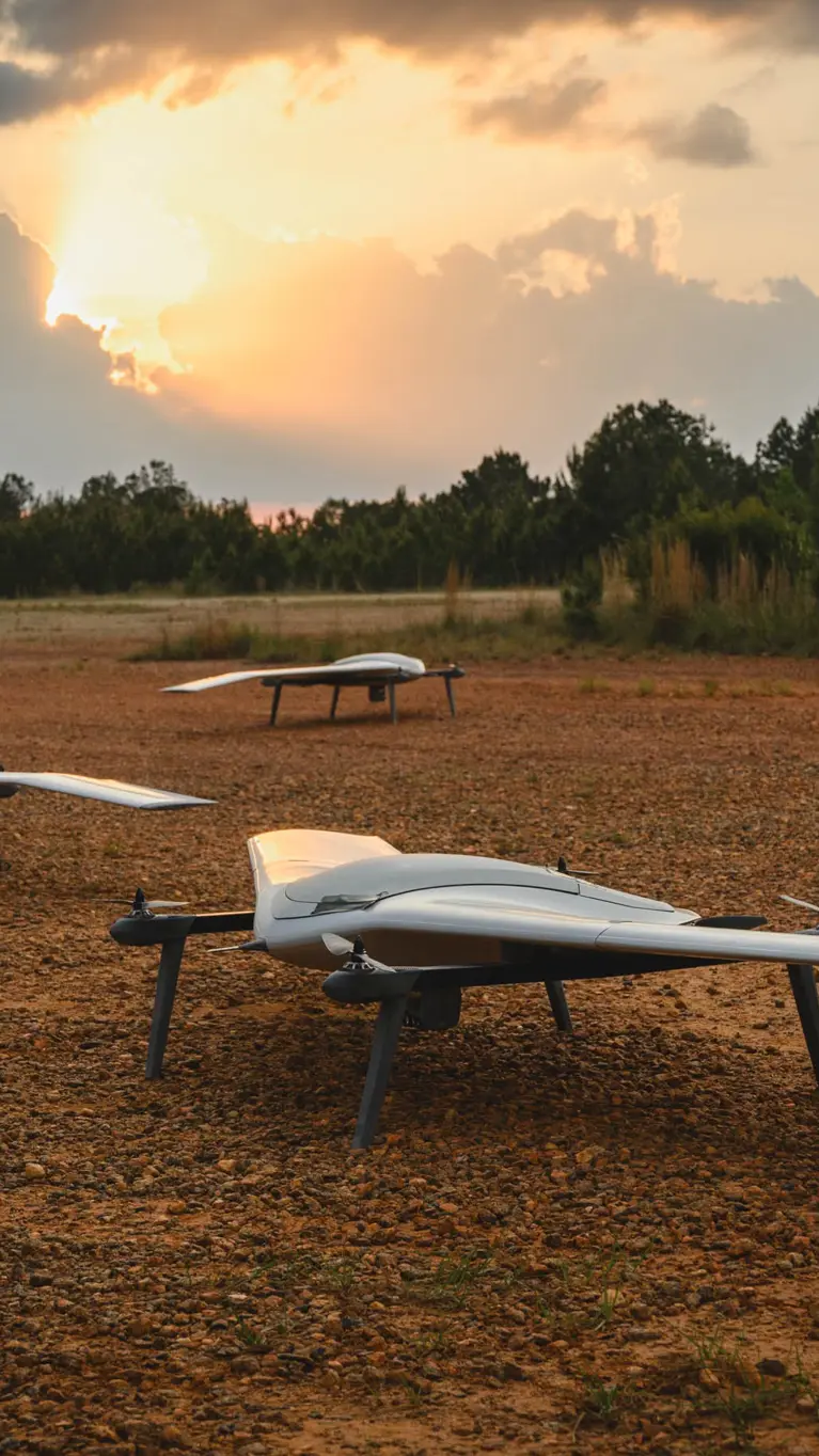 Vier drones staan op open veld in bosrijke omgeving.