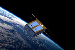 Impressie van satelliet die rond de aarde zweeft.