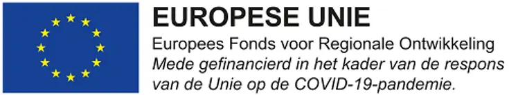 Afbeelding met vlag van de Europese Unie en de tekst: Europees Fonds voor Regionale Ontwikkeling. Mede gefinancierd in het kader van de respons van de Unie op de COVID-19-pandemie.