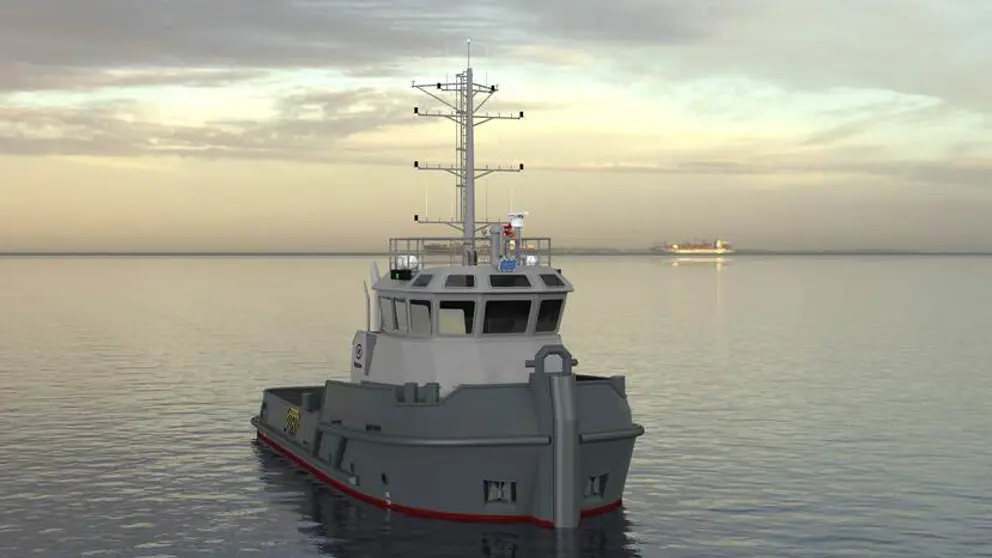Grijze sleepboot met witte kajuit op het water.